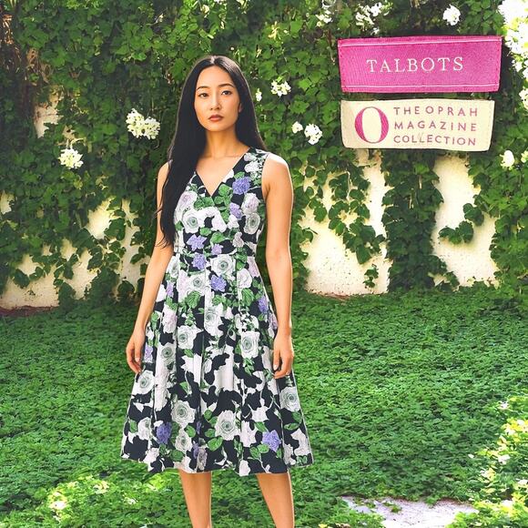 Talbots Floral Midi Dress - Navy, White, Purple, Green - Picture 1 of 8